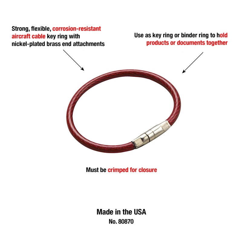 Lucky Line 4-1/2" Locking Cable Key Ring, Crimp to Permanently Close, Nylon Coated Steel Wire, Corrosion-Resistant, 25 Pack, Red (80870) - Image 5